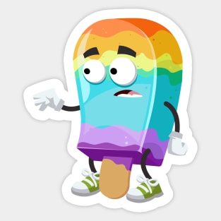 cartoon scared rainbow colors ice cream on a stick mascot in sneakers Sticker